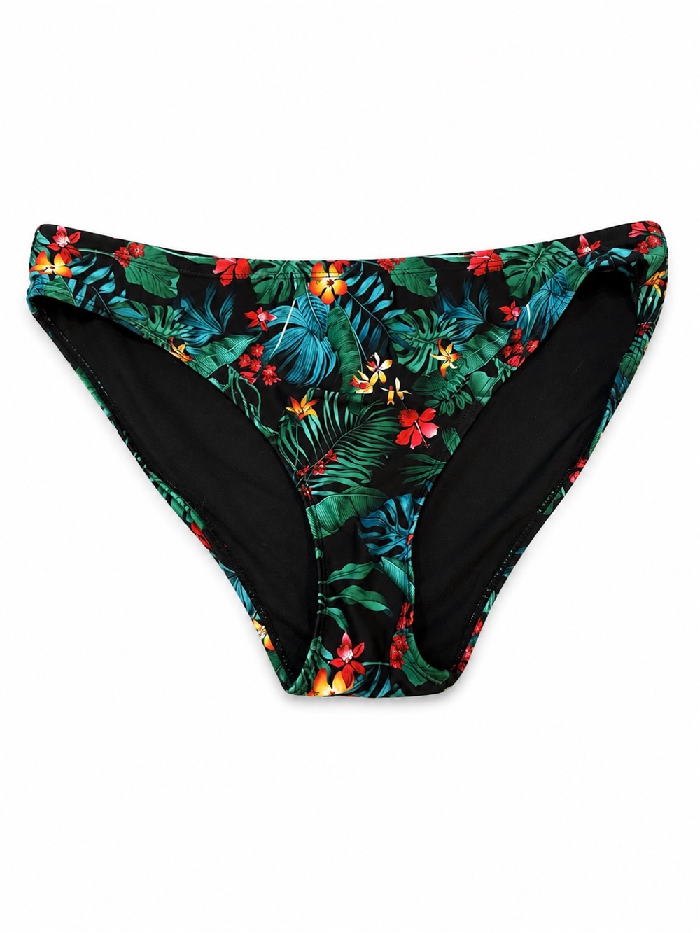 Tropical Leaf Print Bikini Bottom - Black with Green & Red tropical Accents